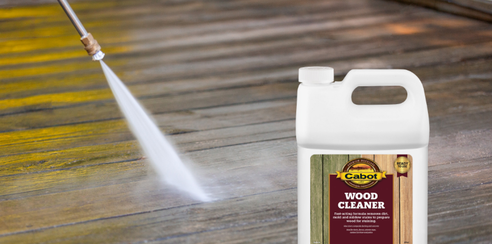 pressure washing a deck with Cabot Wood Cleaner