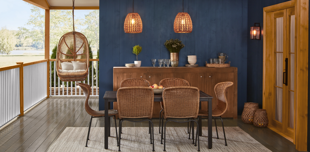 outside dining area with table and chairs