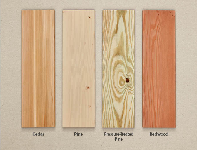 four different kinds of natural wood. cedar, pine, pressure treated pine and redwood.