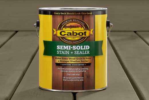 can of Cabot semi-solid stain on a deck