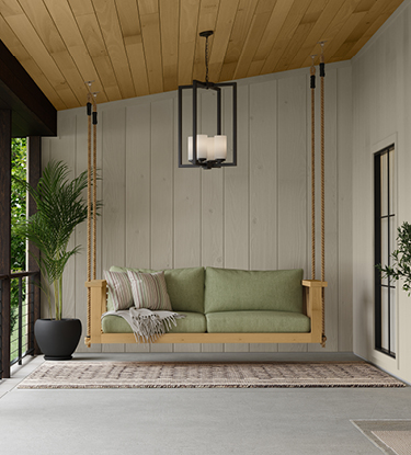 stained swing on a deck