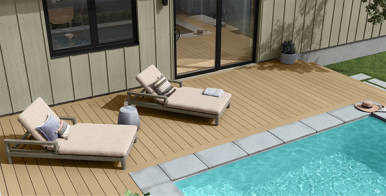 outside deck and deck chairs next to a pool
